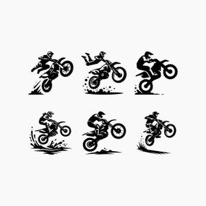 Puede incluir: Seis ilustraciones en blanco y negro de pilotos de motocross realizando diversas acrobacias en sus motos de cross. Los pilotos llevan todos cascos y gafas, y las motos están todas en el aire.