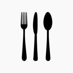 May include: A black fork, knife, and spoon set against a white background.