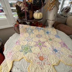 Vintage Feedsack Quilt Square: Soft Yellow Star pattern Handmade Patchwork Piece for Repurposing