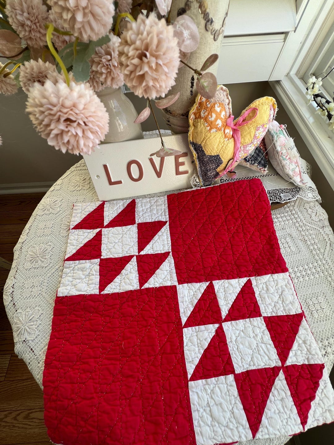 Handmade Vintage Quilt Block Red and White Pattern, 21"x18” - Etsy