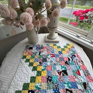 Vintage Postage Stamp Quilt Block: Handmade Patchwork Cotton Cutter Piece Irish Chain Pattern