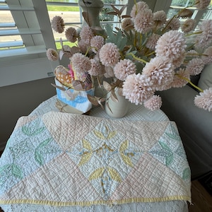 Vintage Patchwork Tulip Quilt Piece: Handmade Farmhouse Decor Panel