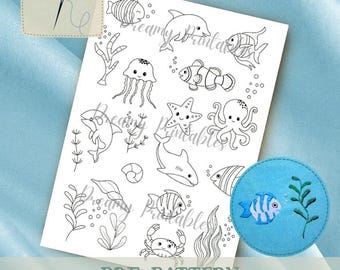 May include: Black and white line art illustration of various sea creatures, including a dolphin, jellyfish, starfish, octopus, crab, and fish. The illustration is on a white background and includes the text "PDF PATTERN".