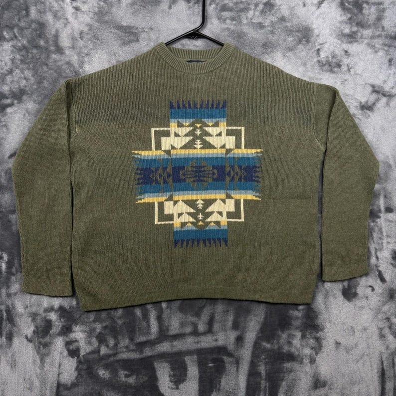 Pendleton Sweater Mens Medium Olive Green Southwestern Intarsia Cotton Knit image 1