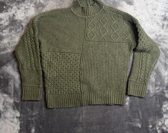 Maglione da donna American Eagle a maniche lunghe, verde, con motivo a trecce e fantasia multipla, taglia M.