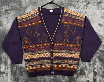 Panther Strickjacke Pullover Herren Große Lila Geometrische Tribal-Strick V-Ausschnitt Vintage