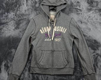 Moletom com capuz Aeropostale Full Zip feminino tamanho grande cinza com estampa de Nova York