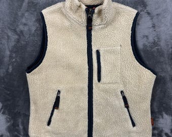 Abercrombie Sherpa Fleece Väst Herr Medium Cream Marinblå Hela Dragkedja Fickor 7642