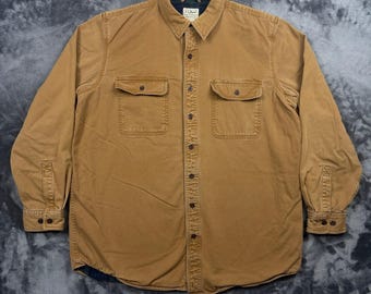 L.L. Bean Flannel Lined Work Shirt Mens Large Tall Tan Plaid Traditional Fit