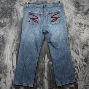 Seven7 Bootcut Jeans Womens 14 Blue Medium Wash Embroidered Pockets Distressed image 7