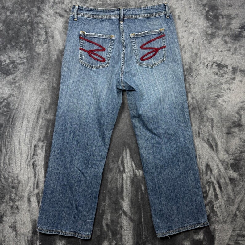 Seven7 Bootcut Jeans Womens 14 Blue Medium Wash Embroidered Pockets Distressed image 7