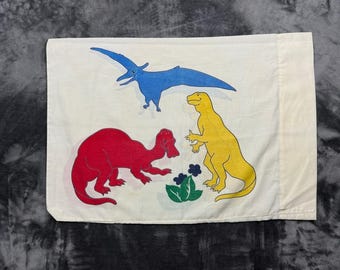 Vintage Dinosaur Pillowcase Kids Standard White Red Yellow Blue Primary Colors