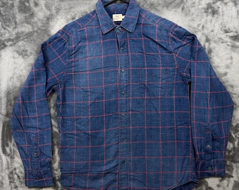 Faherty Button Down Shirt Mens Medium Blue Red Windowpane Plaid Flannel