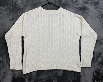 Suéter Eddie Bauer de malha trançada feminino, tamanho P, branco, algodão, gola redonda e mangas compridas.