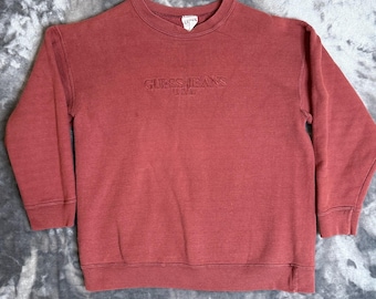 Vintage Guess trui met lange mouwen en rode trui met geborduurd logo, maat Small