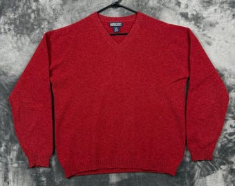 Lands End Sweater Mens M 10-12 Red V-Neck 100% Lambswool Made in Scotland
