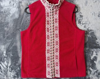 Gilet da donna L.L. Bean con zip intera, stile nordico, motivo geometrico, colore rosso, taglia M.