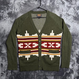 Cardigã feminino Pendleton verde com estampa azteca em lã merino e decote em V, tamanho pequeno, estilo western. imagem 1