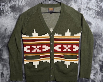 Pendleton Womens Cardigan Green Aztec Merino Wool V-Neck Size Small Western