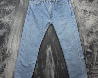 Levi's 505 Regular Fit Jeans Mens 35x30 Blue Straight Leg Paint Splatter Denim