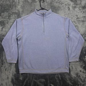 Suéter Tommy Bahama masculino tamanho XL azul com zíper até o peito e gola alta em malha waffle. imagem 1