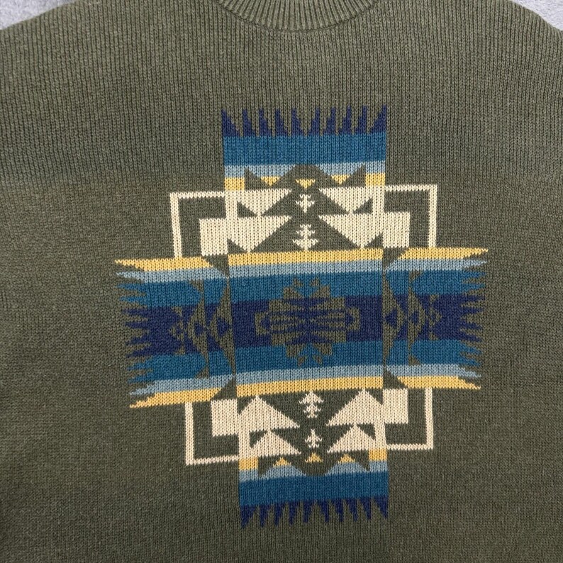 Pendleton Sweater Mens Medium Olive Green Southwestern Intarsia Cotton Knit image 2