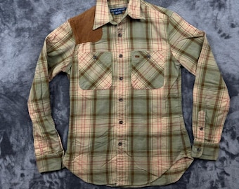 Ralph Lauren Plaid Button Down Women Size 6 Green Suede Shoulder Shooting Shirt