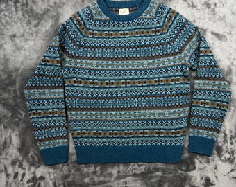 Suéter J.Crew de lã de cordeiro masculino, tamanho pequeno, azul, malha Fair Isle, gola redonda.
