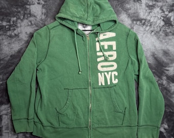 Aeropostale NYC Grön Heldragkedja Långärmad Hoodie Storlek Stor Aero Patch