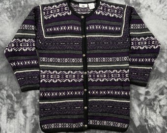 BP-vest dames medium paarse Fair Isle Shetlandwollen trui met knopen