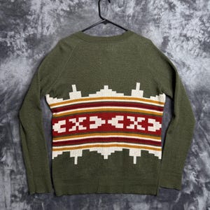 Cardigã feminino Pendleton verde com estampa azteca em lã merino e decote em V, tamanho pequeno, estilo western. imagem 9