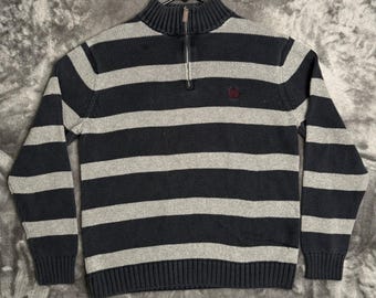 Chaps Mens Quarter Zip Sweater Navy Blue Gray Striped Cotton Knit Pullover M