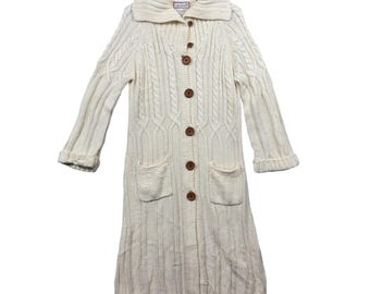 Cárdigan largo F.O.B. NY para mujer, talla M, color crema, tejido trenzado, estilo vintage.