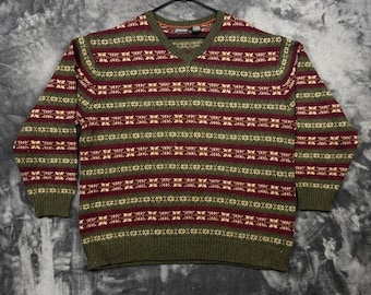 St. Johns Bay Sweater Mens XL Green Burgundy Fair Isle Lambswool Blend V-Neck