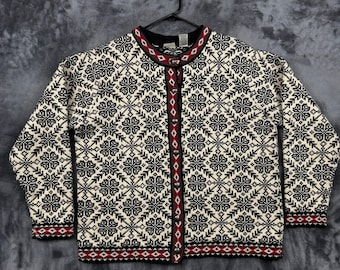 Cardigan da donna LL Bean taglia XL, nero, stile nordico, con motivo Fair Isle, in cotone, con bottoni frontali.