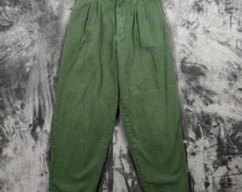Big Bud Press Trousers Unisex XS Green Pleated High Waist Cotton Pants