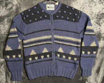 Woolrich Woman Vintage Popcorn Knit Cardigan Sweater Blue Fair Isle Pom Pom L
