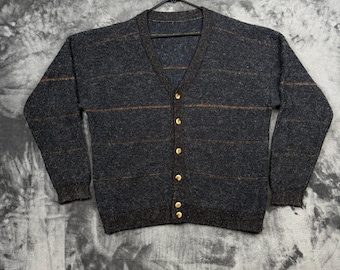 Cárdigan de hombre talla grande, gris, a rayas, con botones delanteros, estilo vintage.