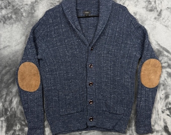 J.Crew Cardigan Sweater Mens Small Blue Shawl Collar Leather Elbow Patch F4677
