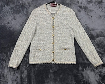 Castleberry Knit Jacket Womens 10 Blue Multi Tweed Gold Button Scalloped Trim