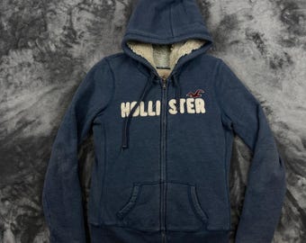 Hollister Zip Up Hoodie Womens Medium Blue Faux Fur Lined Logo Fleece Jacket