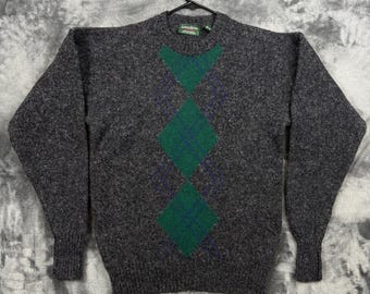 Savile Row Sweater Mens M Grey Argyle Shetland Wool Crewneck Made in England