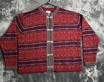 Kardigan Carrool Reed Fair Isle Nordic dla kobiet, pudełkowy, bardzo duży, wełniany, z czerwonym zapięciem