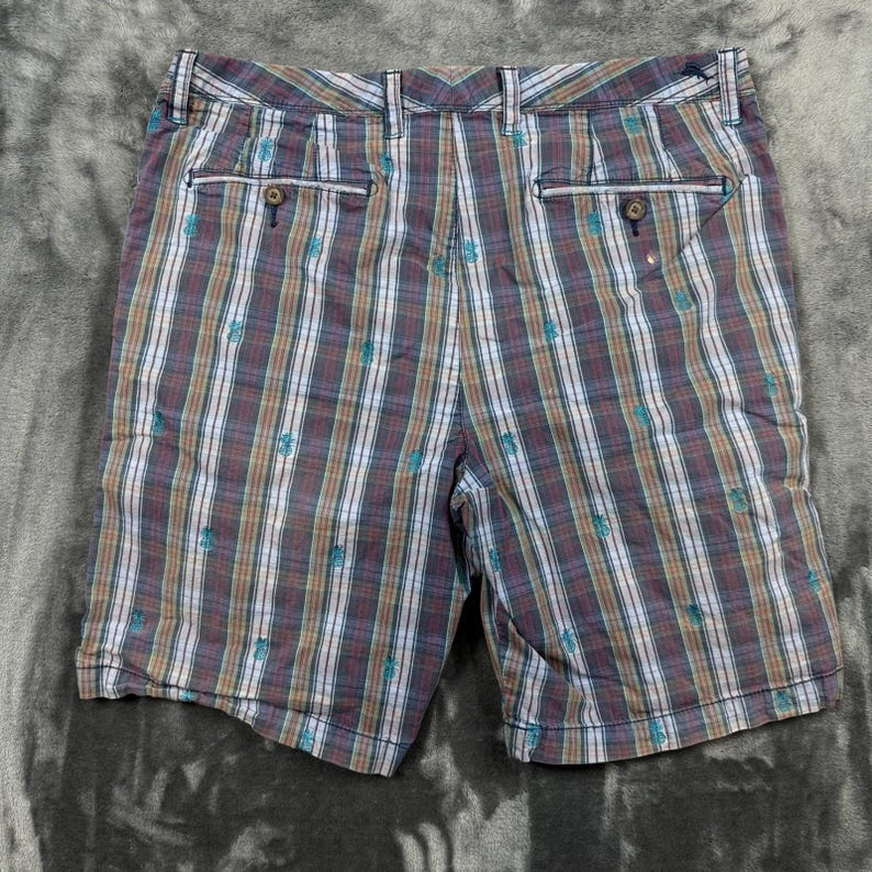 Tommy Bahama Shorts Mens 35 Blue Plaid Pineapple Embroidered Flat Front Cotton image 7