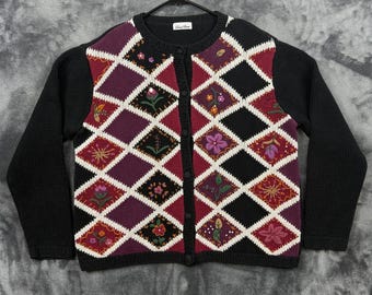 David Loren vest trui dames medium zwarte bloemen argyle geborduurde gebreide trui