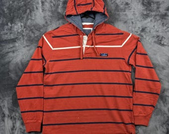 LL Bean Hooded Rugby Shirt Herren Medium M Orange Gestreifte Langarm Baumwolle Hoody