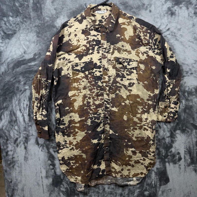 Acne Studios Shirt Kleid Damen 36 Braun Kuh Print Leinen Western Snap Front Long Bild 1