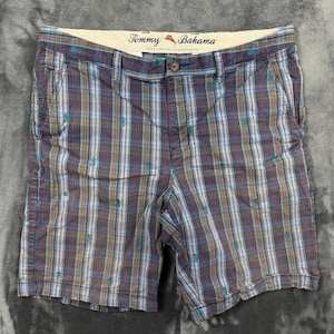 Tommy Bahama Shorts Mens 35 Blue Plaid Pineapple Embroidered Flat Front Cotton image 1