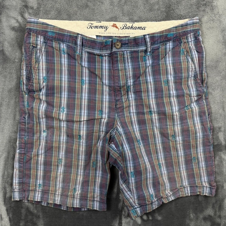 Tommy Bahama Shorts Mens 35 Blue Plaid Pineapple Embroidered Flat Front Cotton image 1