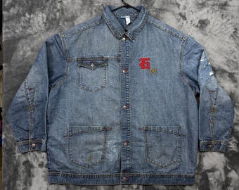 Rocawear Denim Jacket Mens 3XL Blue Distressed Embroidered Logo Y2K Streetwear